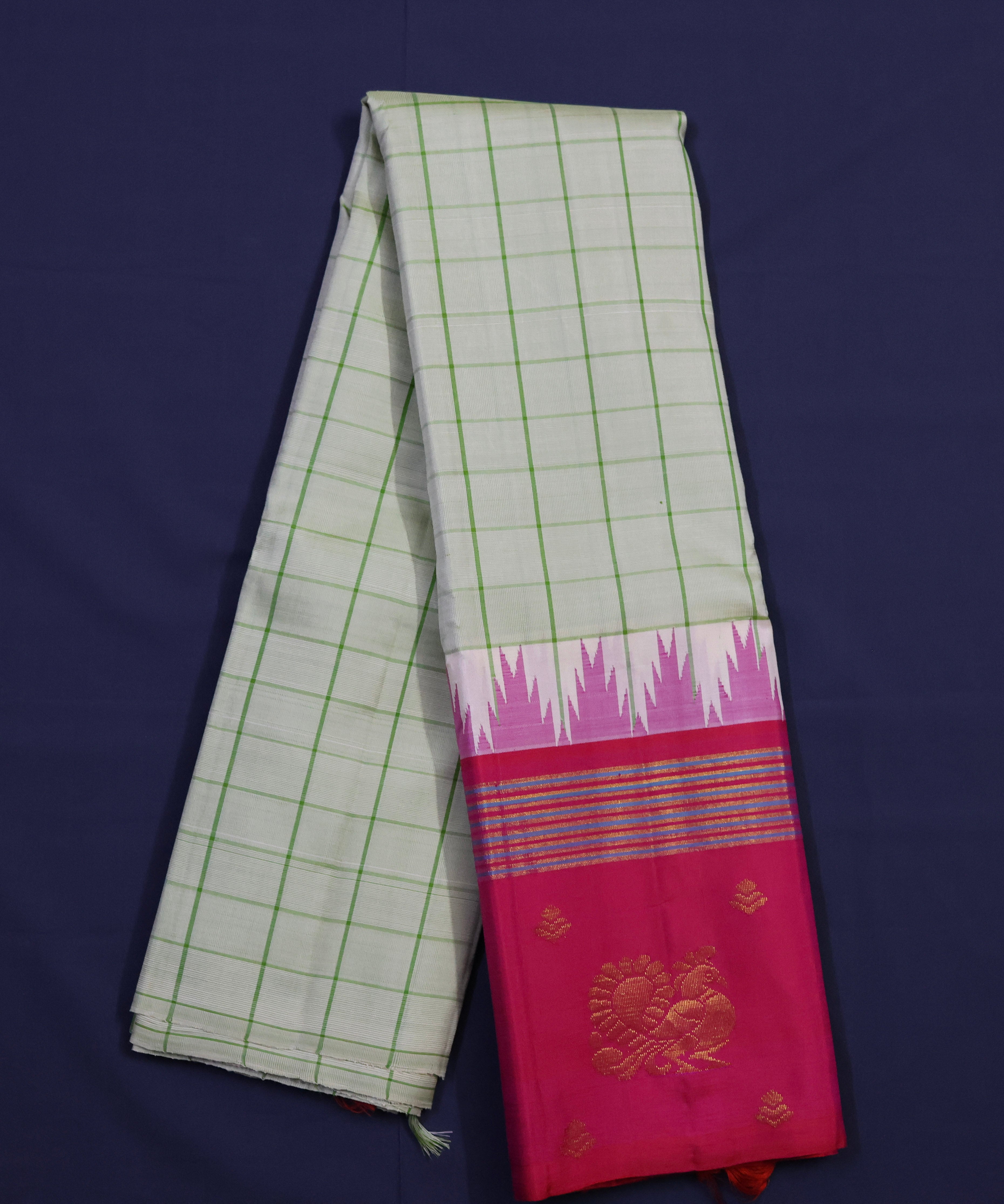 Pure Kancheepuram Handloom Silk Saree - Light Green with Rani Pink Border