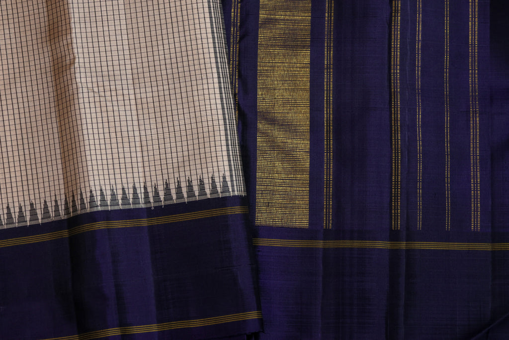 Pure Kancheepuram Handloom Silk Saree - Off-white with Navy Blue Border
