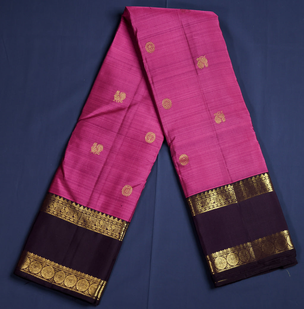 Pure Kancheepuram Handloom Silk Saree - Onion pink with Brown Border