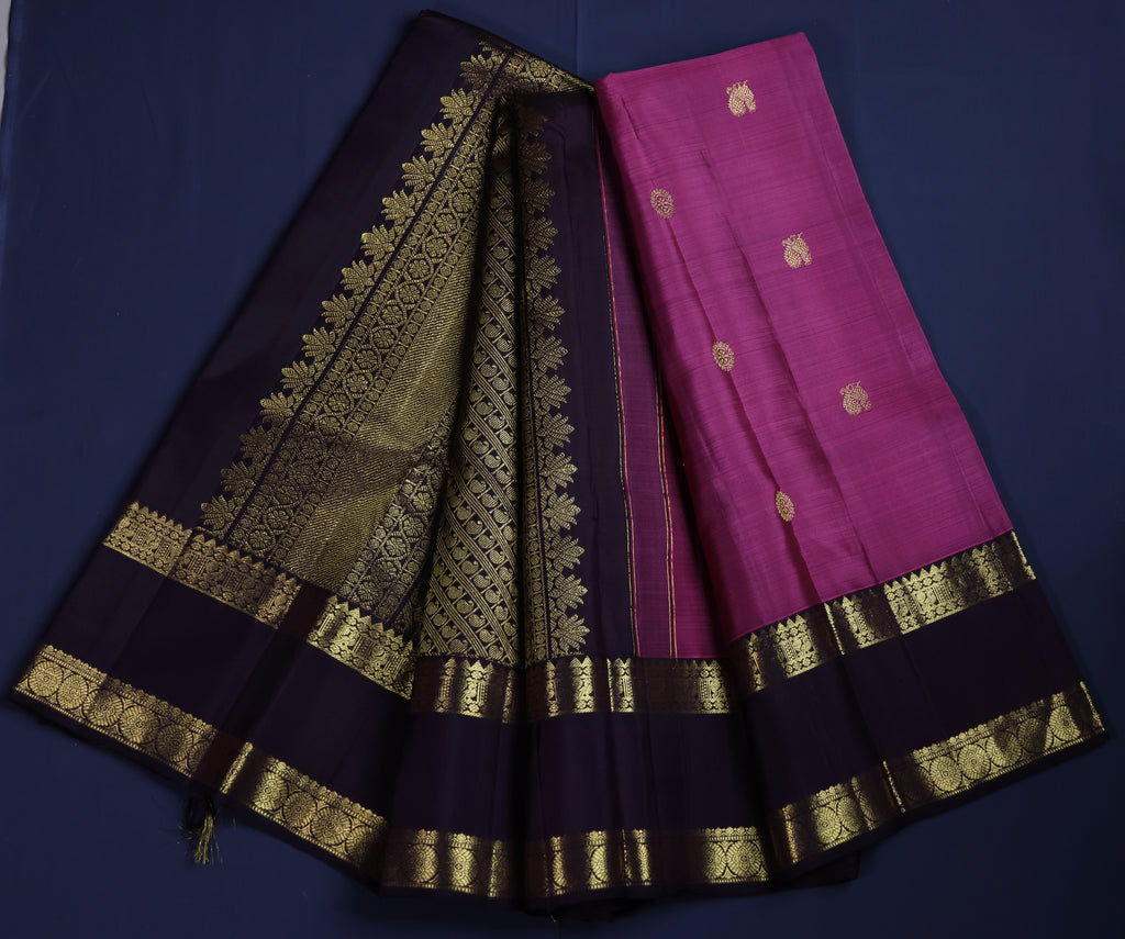 Pure Kancheepuram Handloom Silk Saree - Onion pink with Brown Border