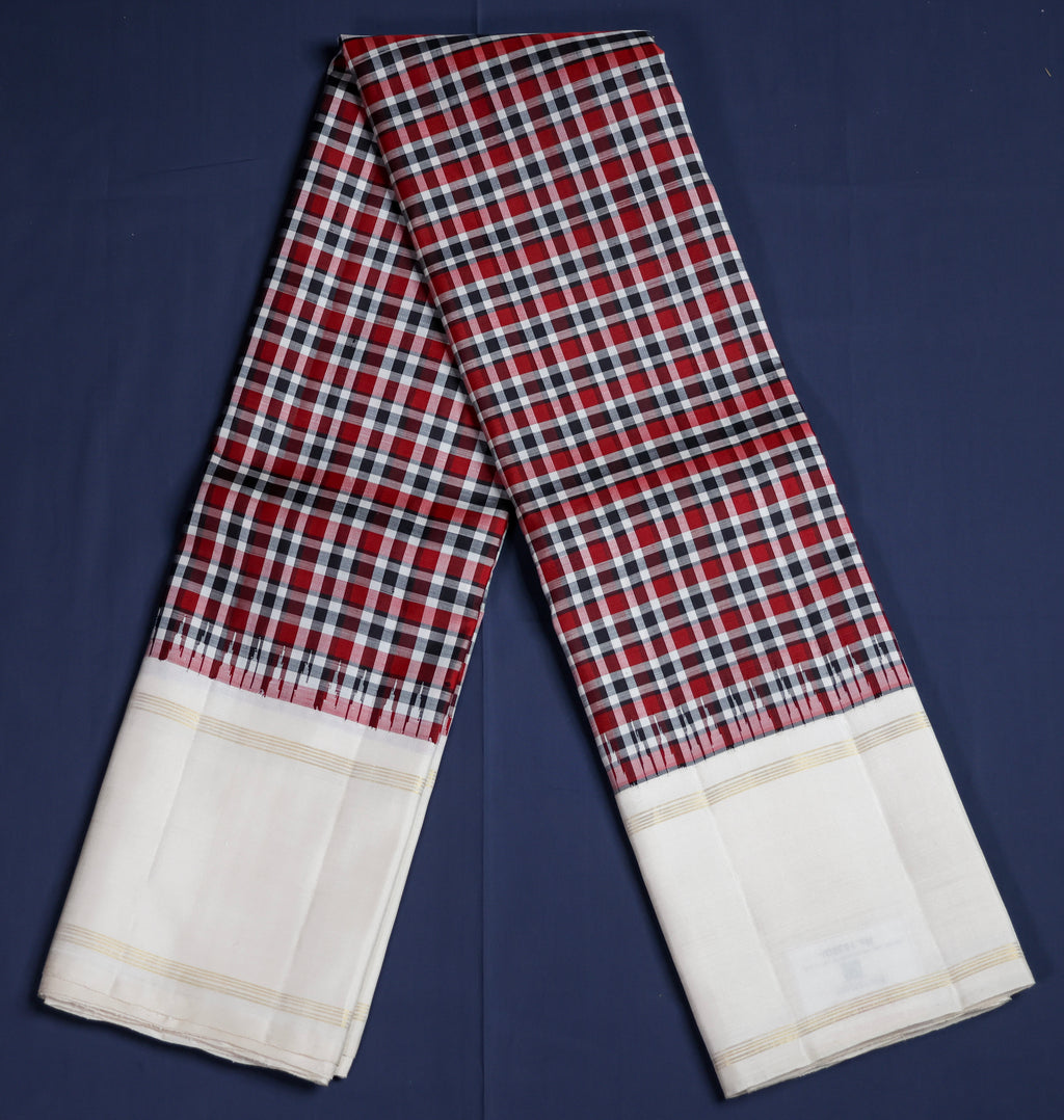 Pure Kancheepuram Handloom Silk Saree - Red, white and black Checks with off-white border