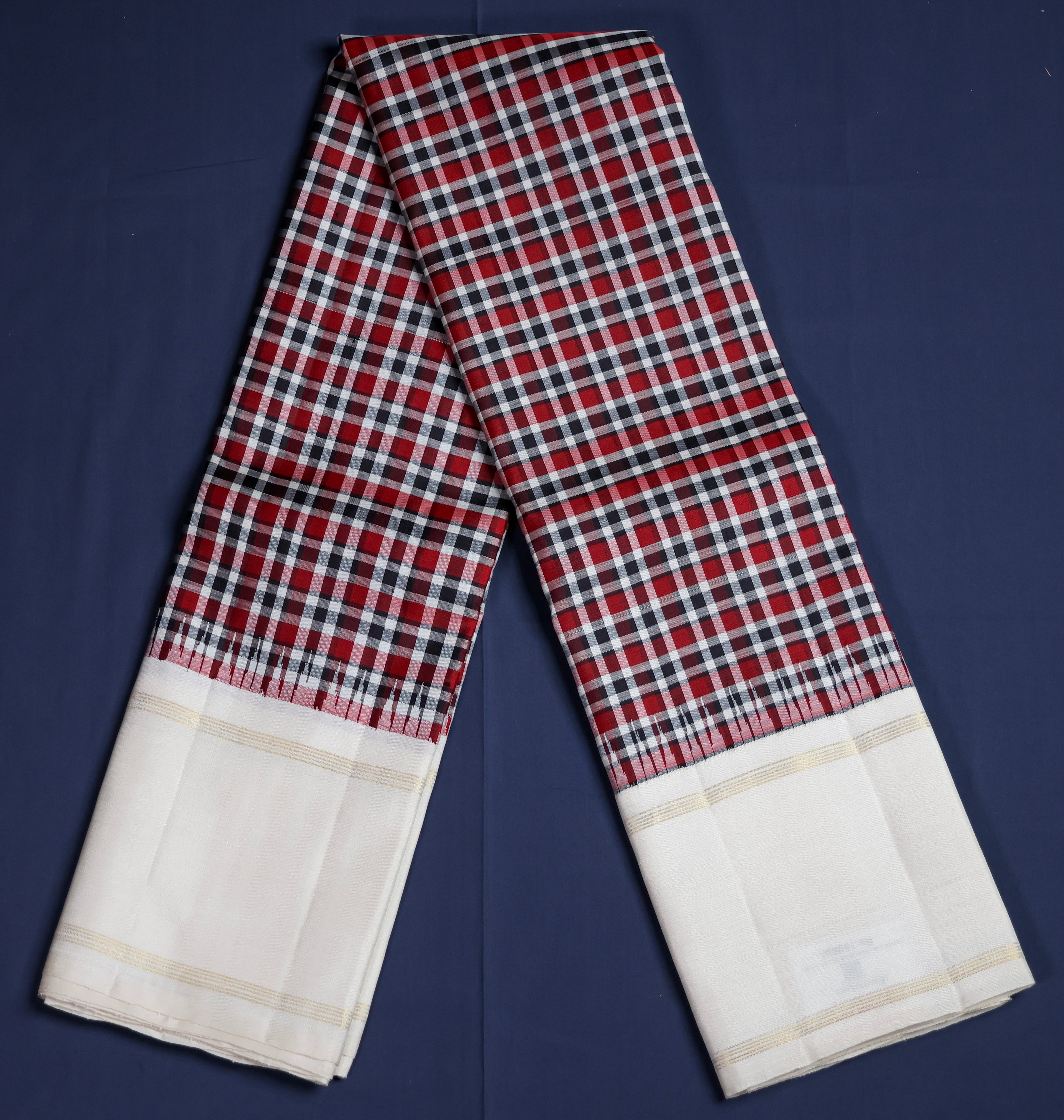 Pure Kancheepuram Handloom Silk Saree - Red, white and black Checks with off-white border