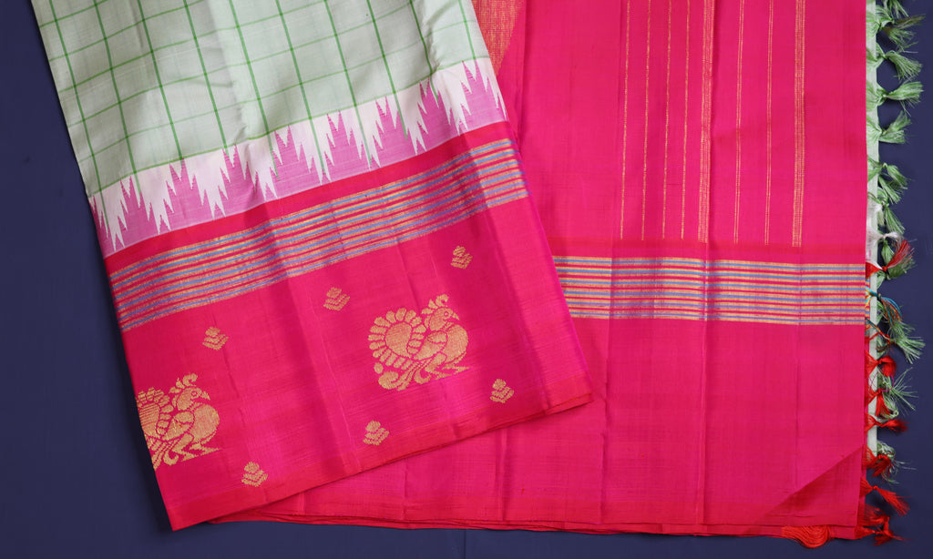 Pure Kancheepuram Handloom Silk Saree - Light Green with Rani Pink Border