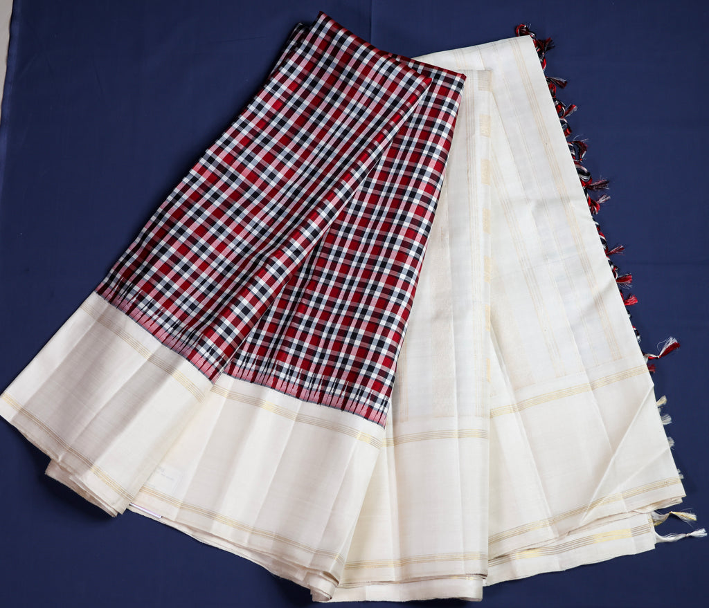 Pure Kancheepuram Handloom Silk Saree - Red, white and black Checks with off-white border