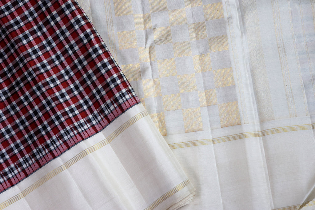 Pure Kancheepuram Handloom Silk Saree - Red, white and black Checks with off-white border