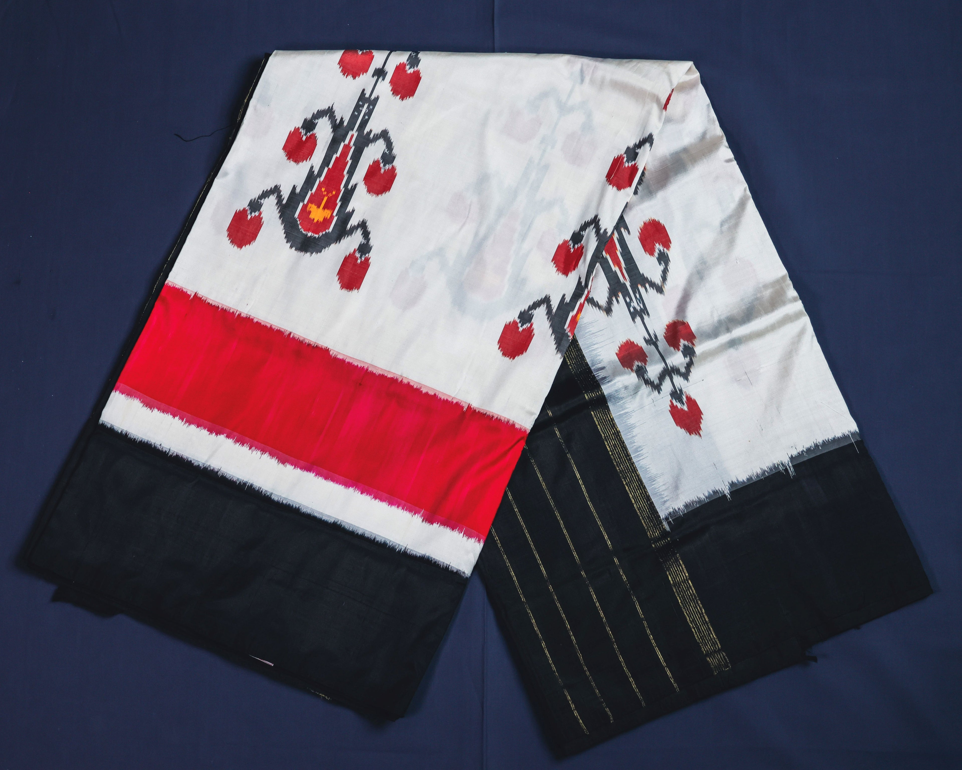 Pure Ikat Silk Saree -Off-white with Pink and black border