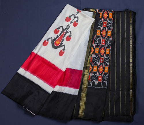 Pure Ikat Silk Saree -Off-white with Pink and black border