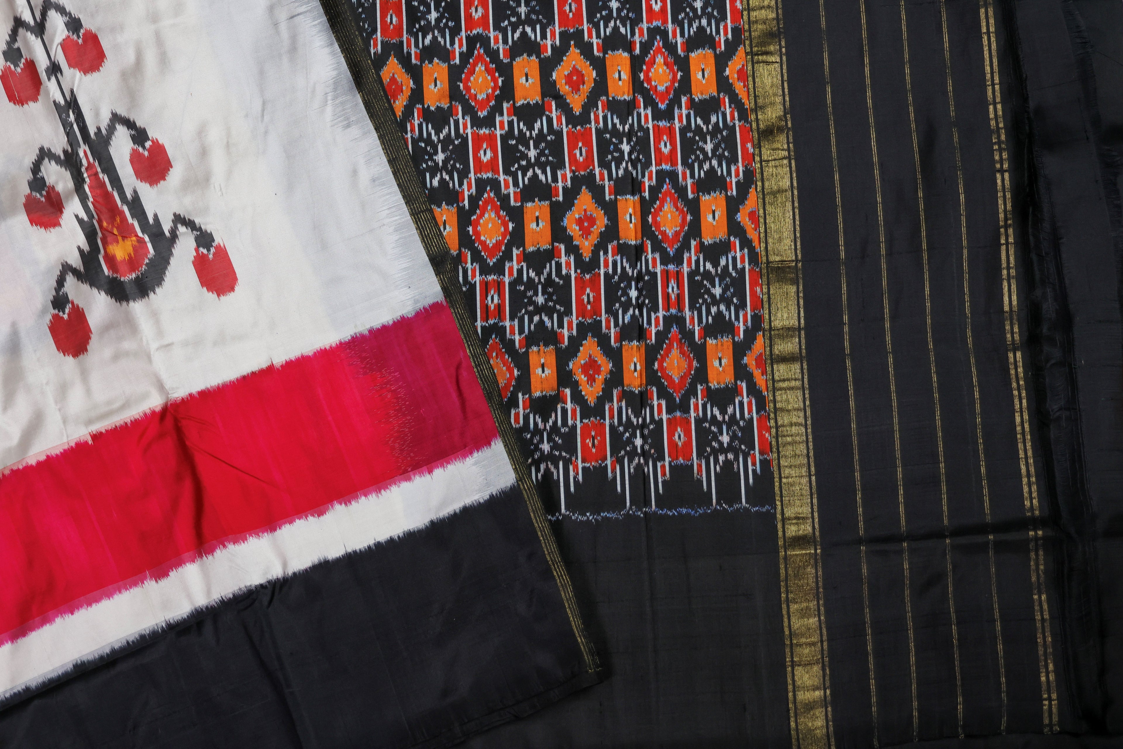 Pure Ikat Silk Saree -Off-white with Pink and black border