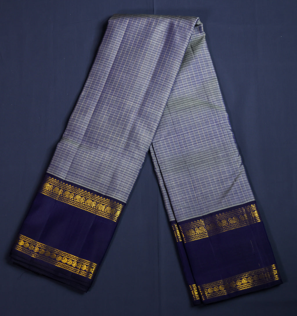 Pure Kancheepuram Handloom Silk Saree - Grey with Navy Blue Border