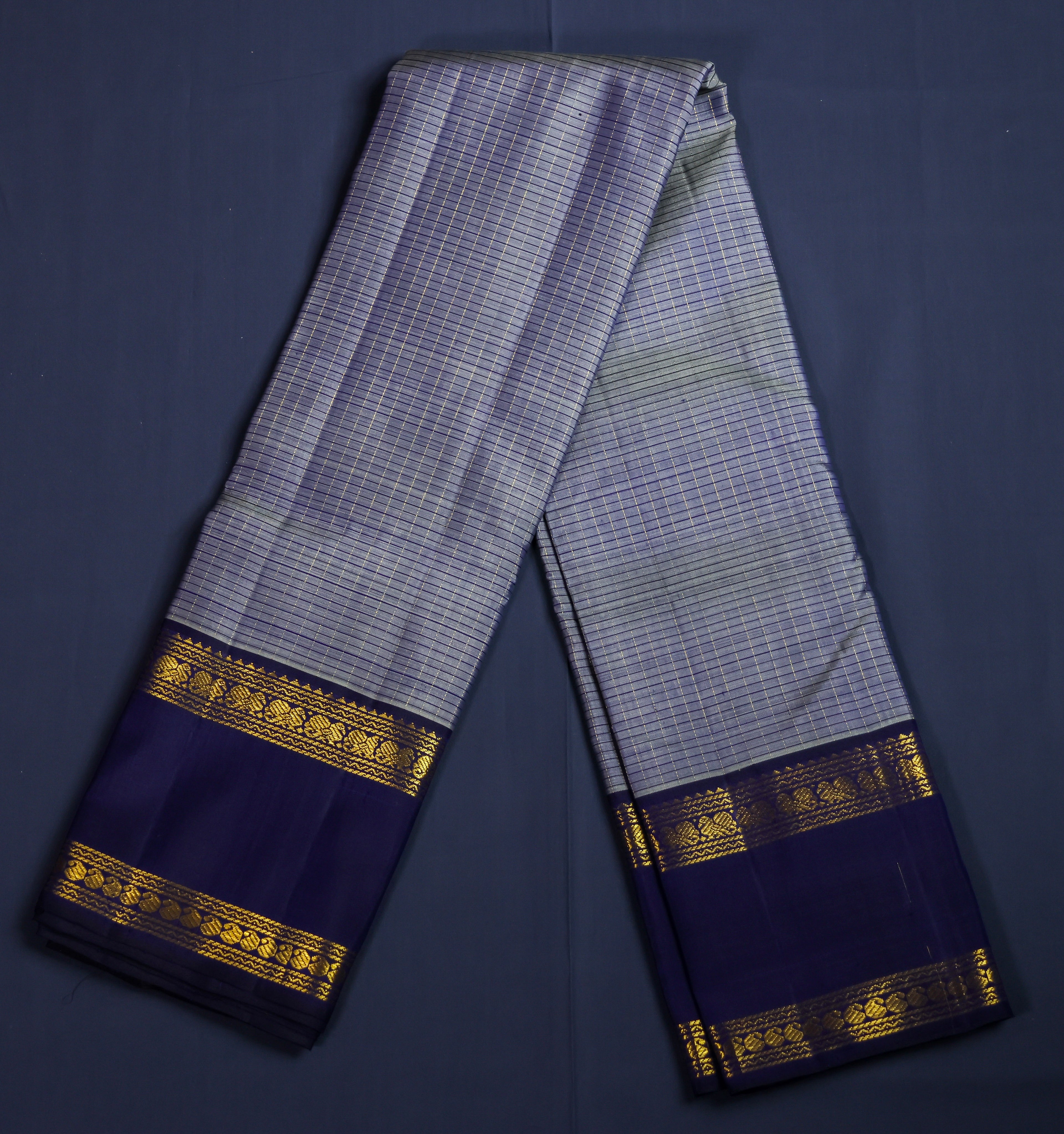 Pure Kancheepuram Handloom Silk Saree - Grey with Navy Blue Border