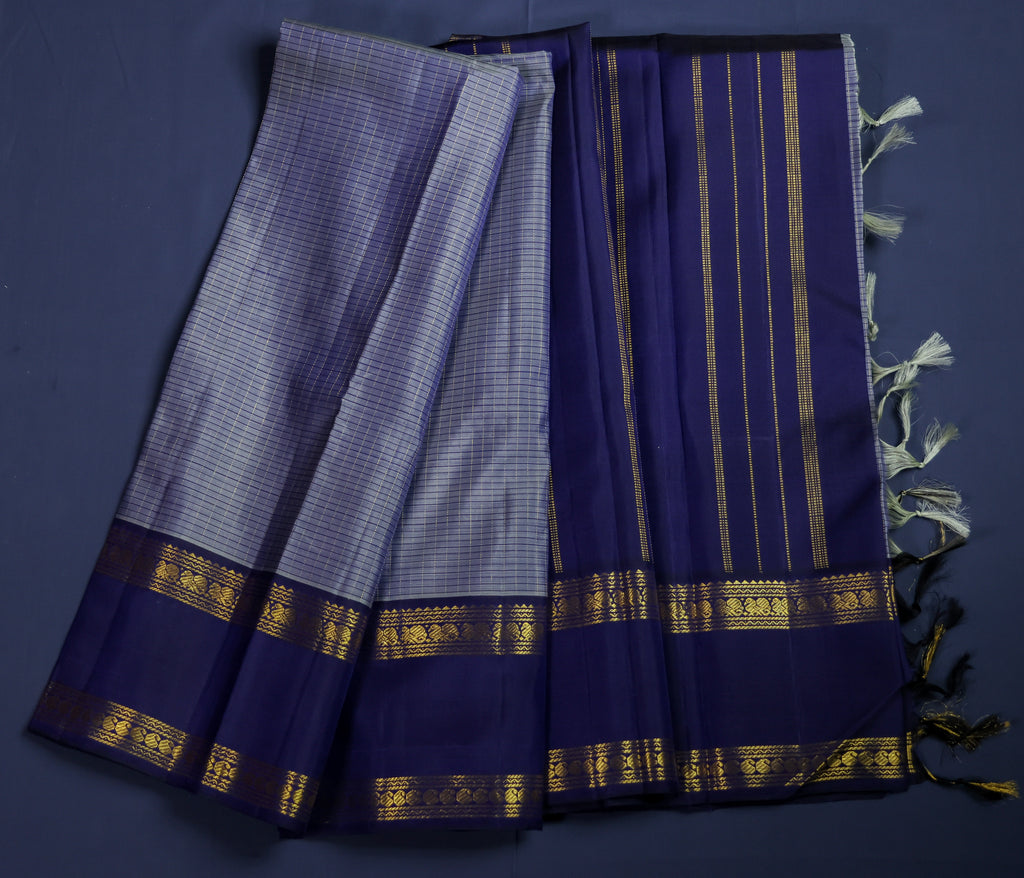 Pure Kancheepuram Handloom Silk Saree - Grey with Navy Blue Border