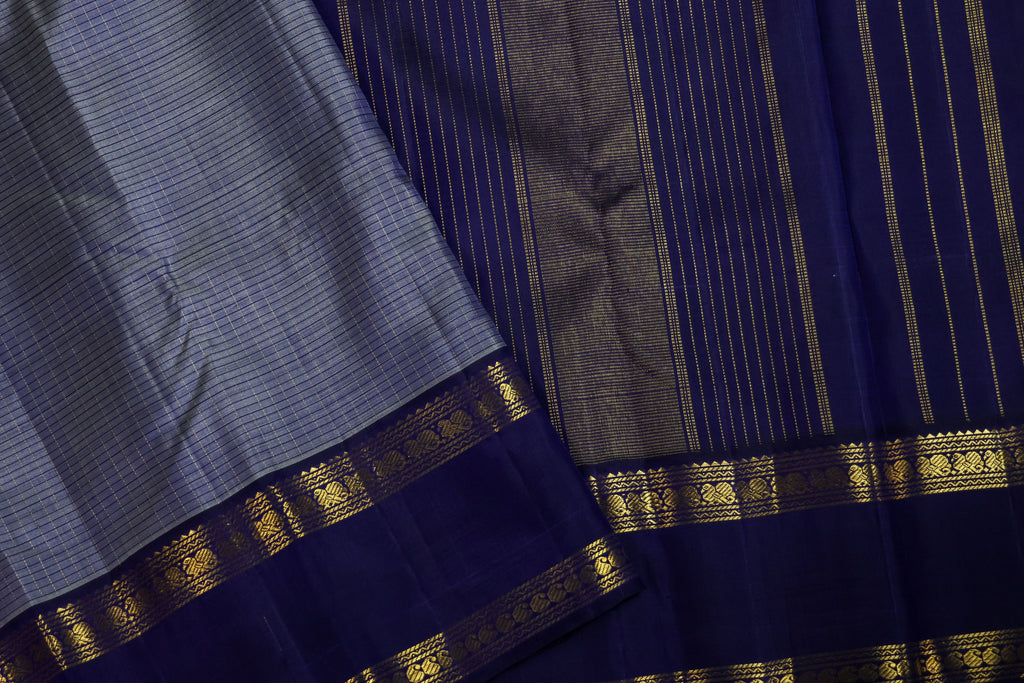 Pure Kancheepuram Handloom Silk Saree - Grey with Navy Blue Border