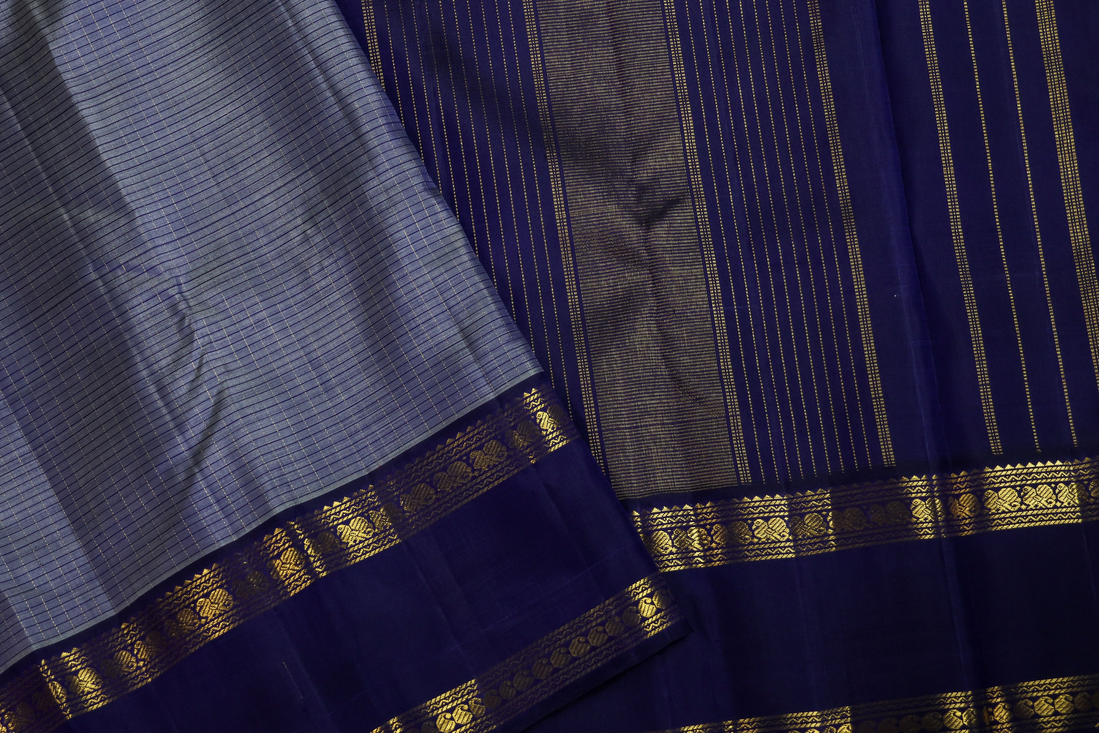 Pure Kancheepuram Handloom Silk Saree - Grey with Navy Blue Border