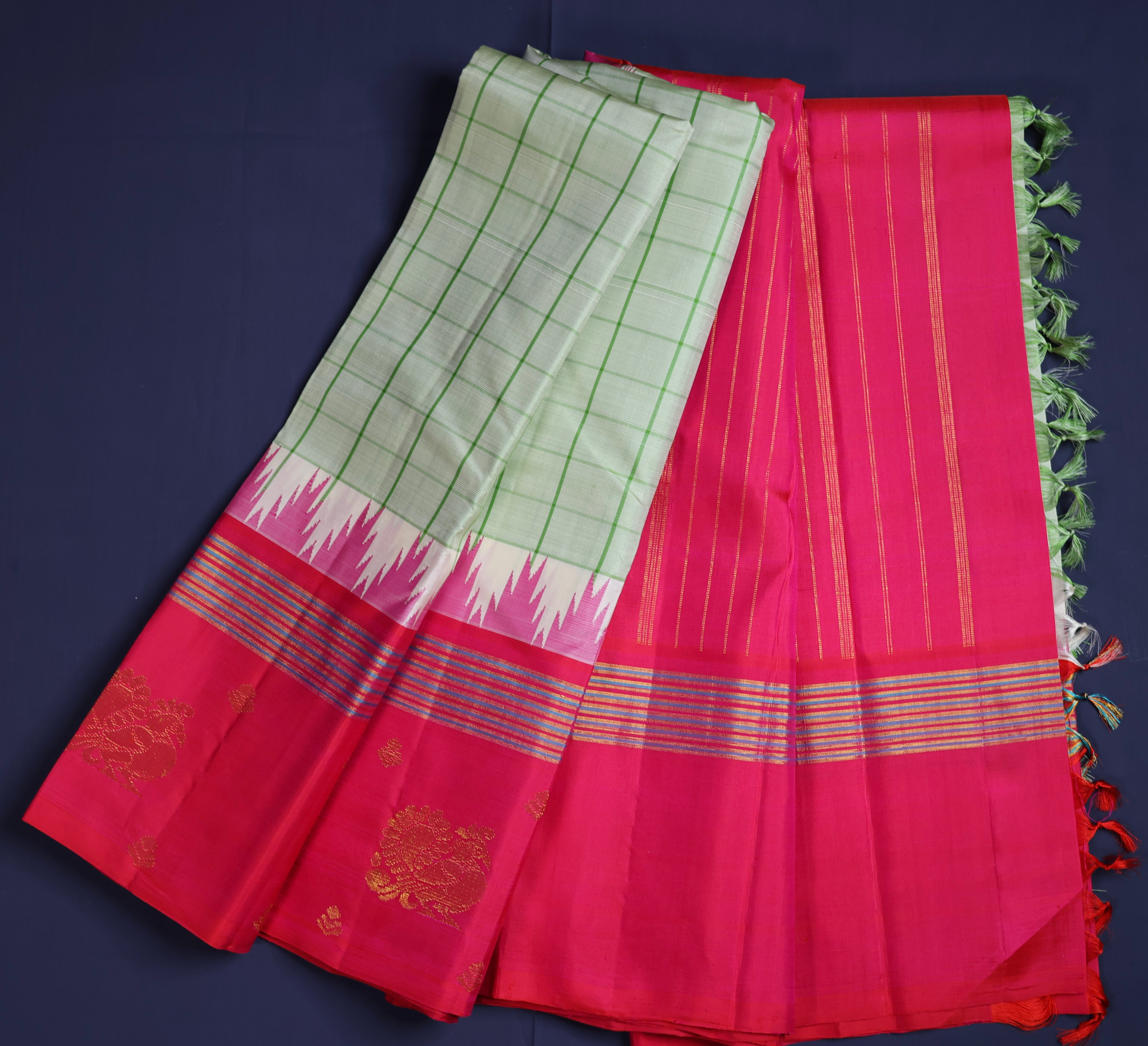 Pure Kancheepuram Handloom Silk Saree - Light Green with Rani Pink Border