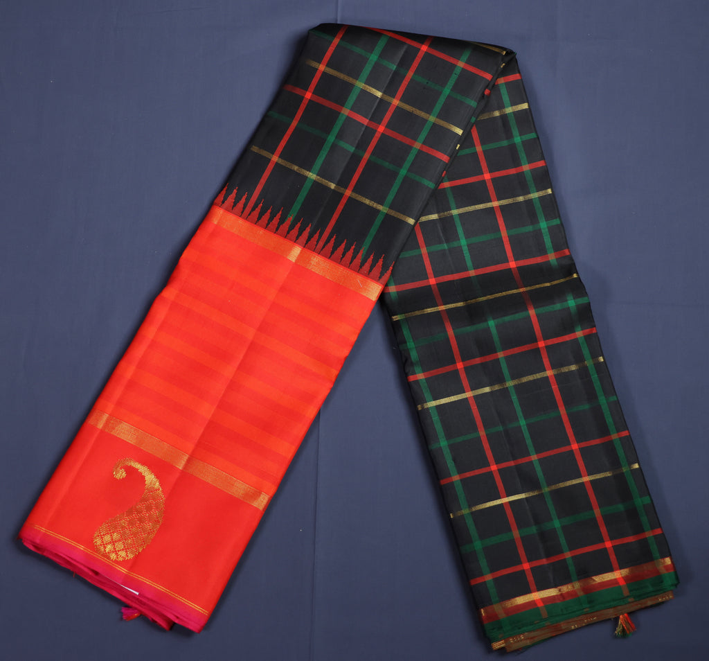 Pure Kancheepuram Handloom Silk Saree - Black and Orange