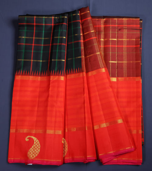 Pure Kancheepuram Handloom Silk Saree - Black and Orange