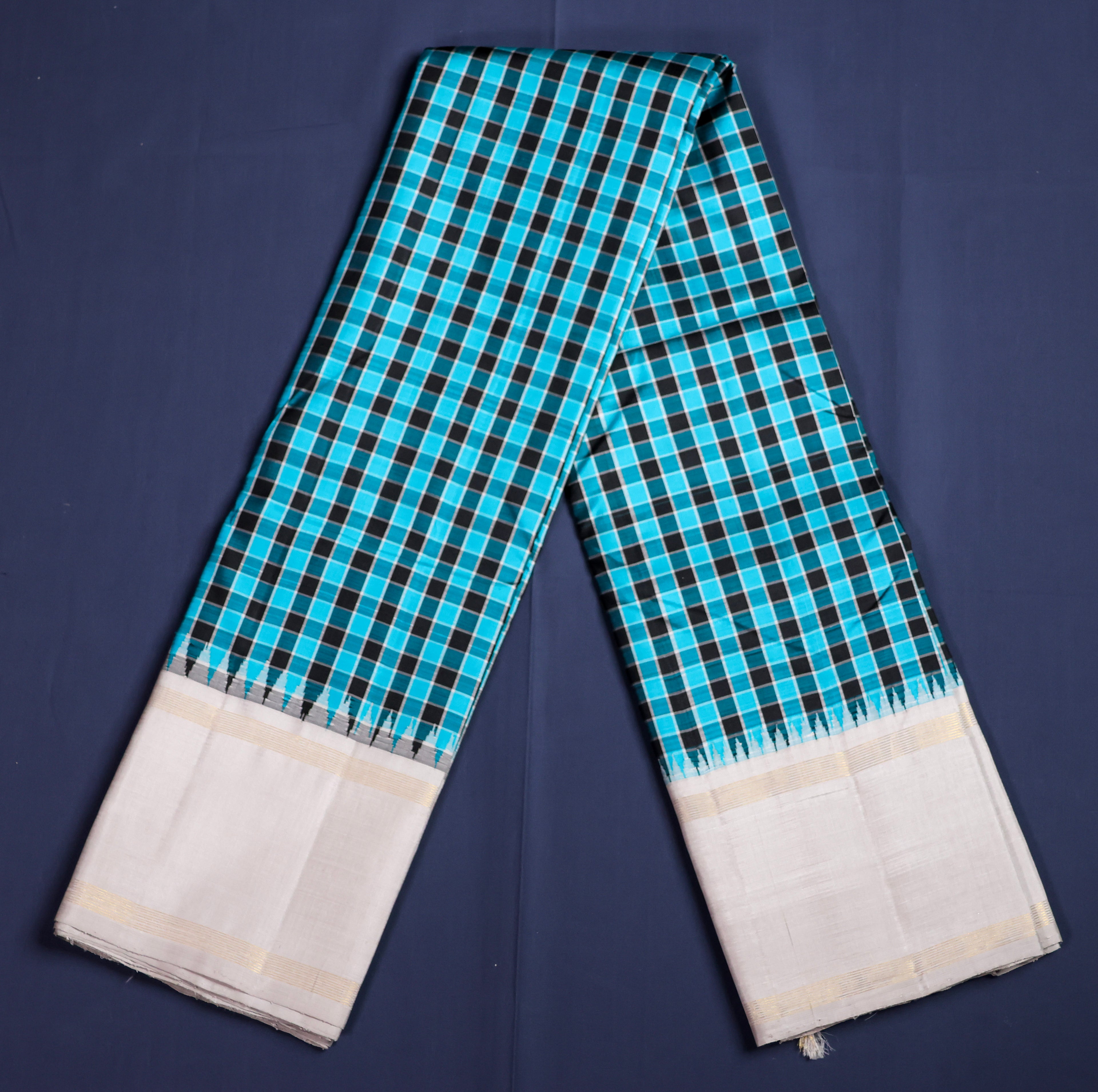 Pure Kancheepuram Handloom Silk Saree - Turquoise  Blue and black check with grey border