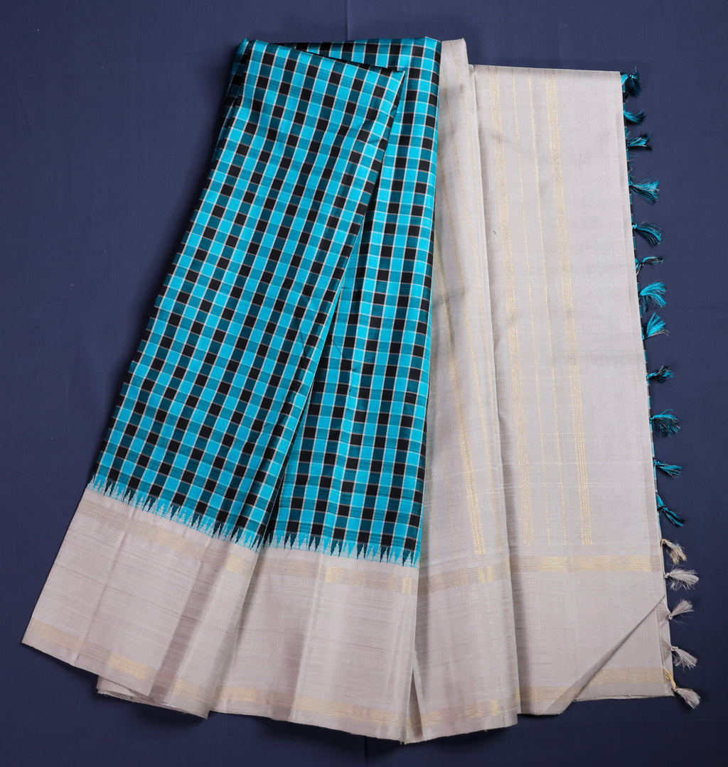 Pure Kancheepuram Handloom Silk Saree - Turquoise  Blue and black check with grey border