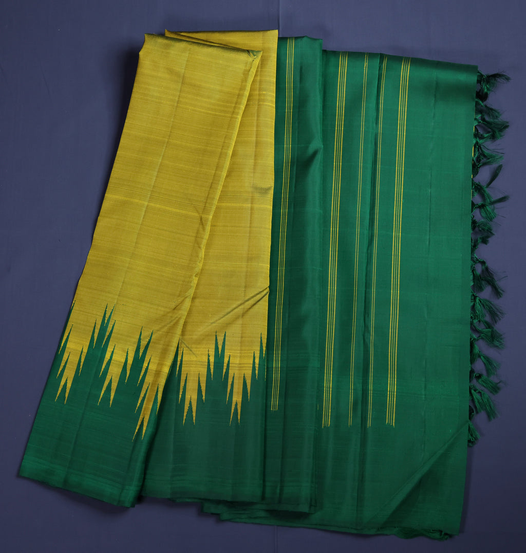 Pure Kancheepuram Handloom Silk Saree - Mustard Yellow with emerald green temple borders