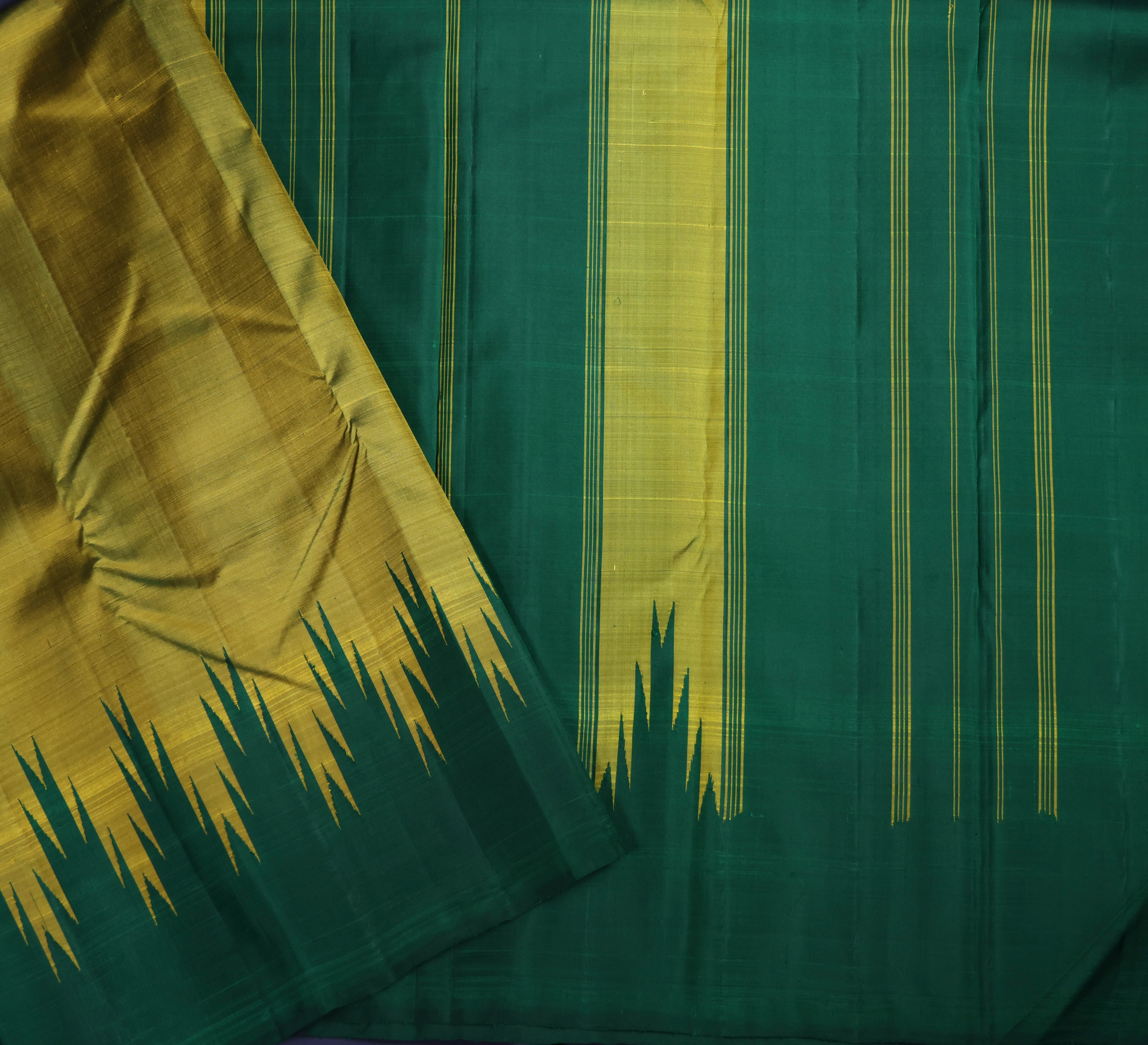 Pure Kancheepuram Handloom Silk Saree - Mustard Yellow with emerald green temple borders