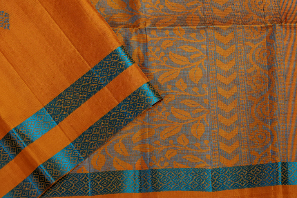 Pure Kancheepuram Handloom Soft Silk Saree - Marigold orange with Teal blue thread border