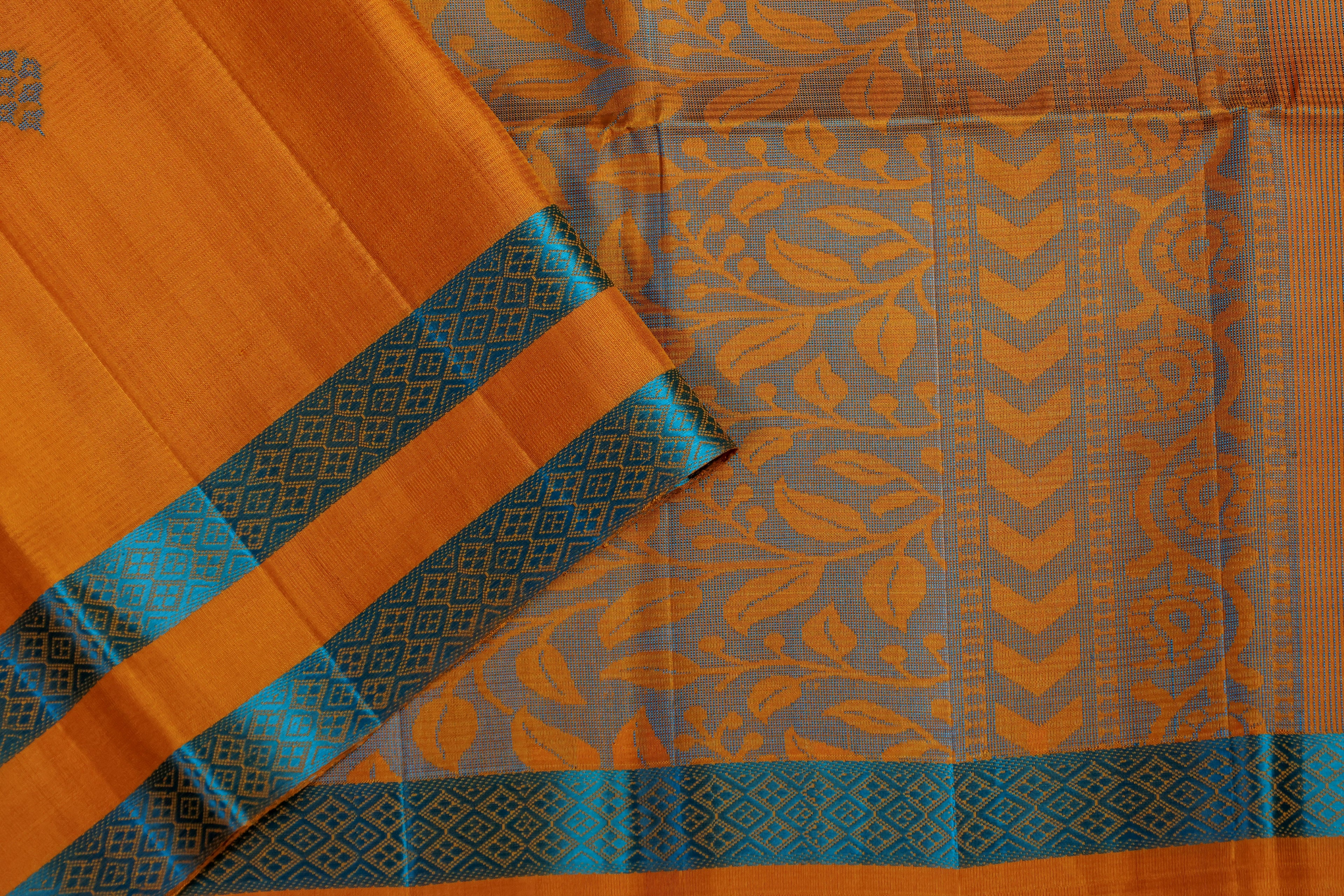 Pure Kancheepuram Handloom Soft Silk Saree - Marigold orange with Teal blue thread border