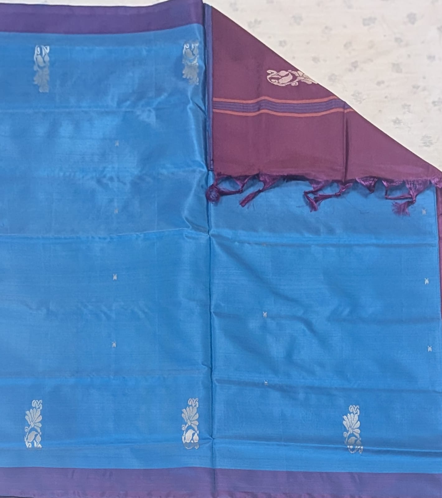 Pure Banana Pith Saree - Royal Blue with Maroon (With Blouse)