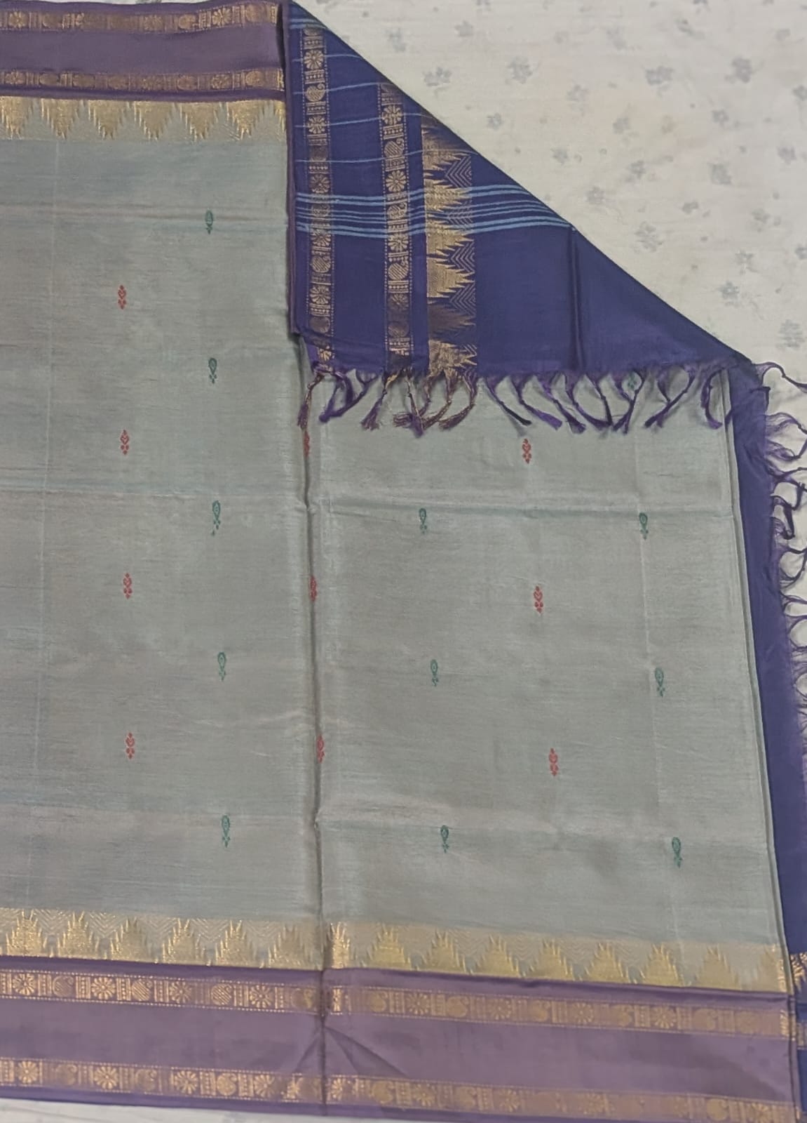 Pure Banana Pith Saree - Grey with Navy Blue (With blouse)