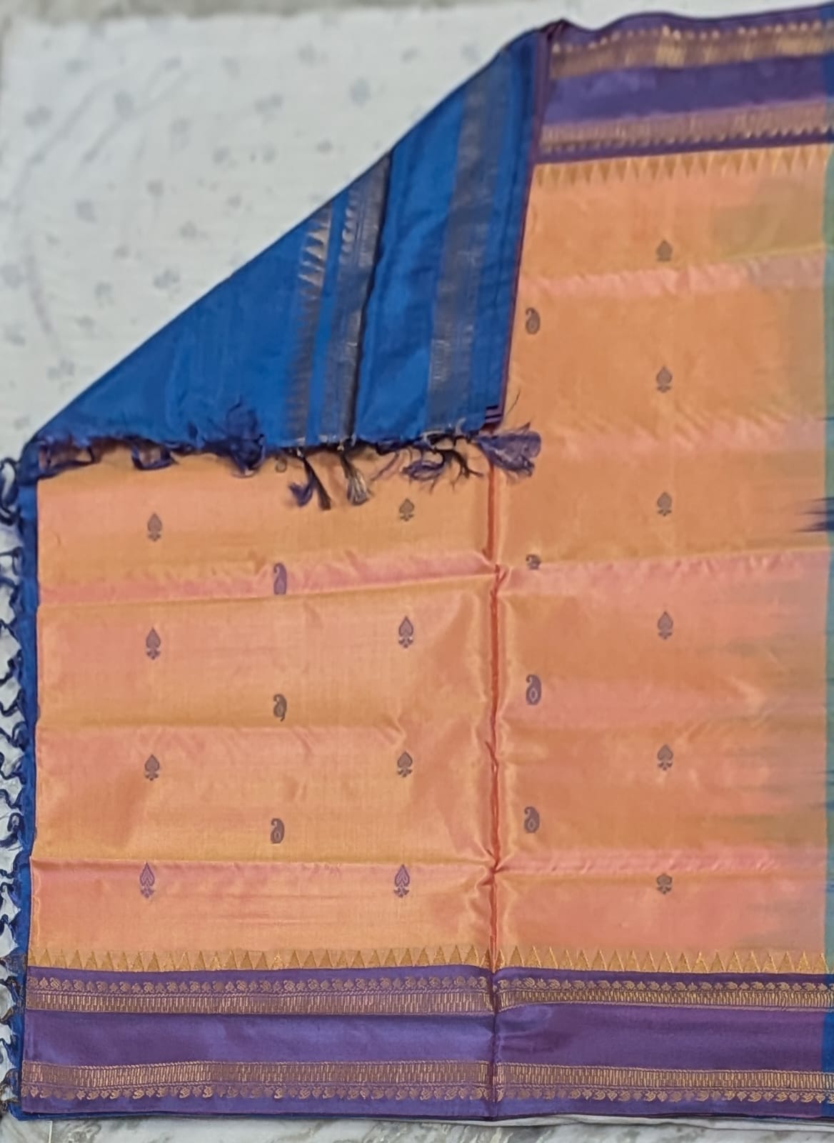 Pure Banana Pith Saree - Orange with Blue (With Blouse)