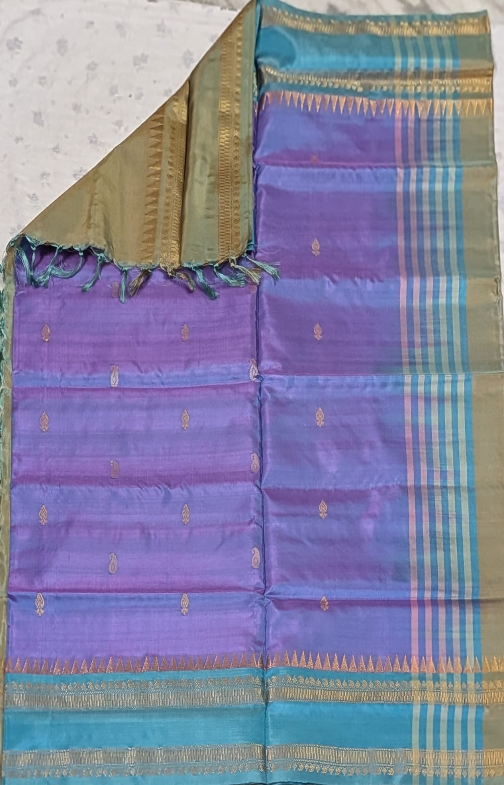 Pure Banana Pith Saree - Teal with rani Pink (With Blouse)