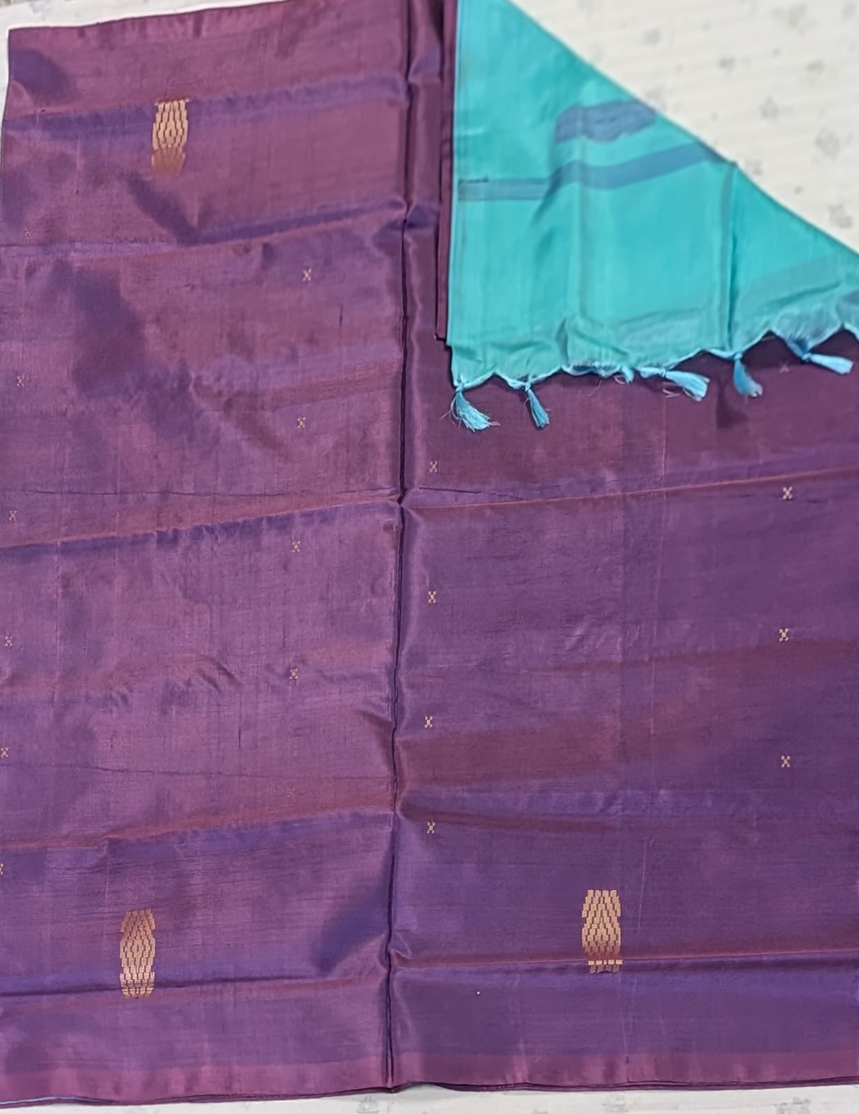 Pure Banana Pith Borderless Saree - Purple with Teal (With Blouse)