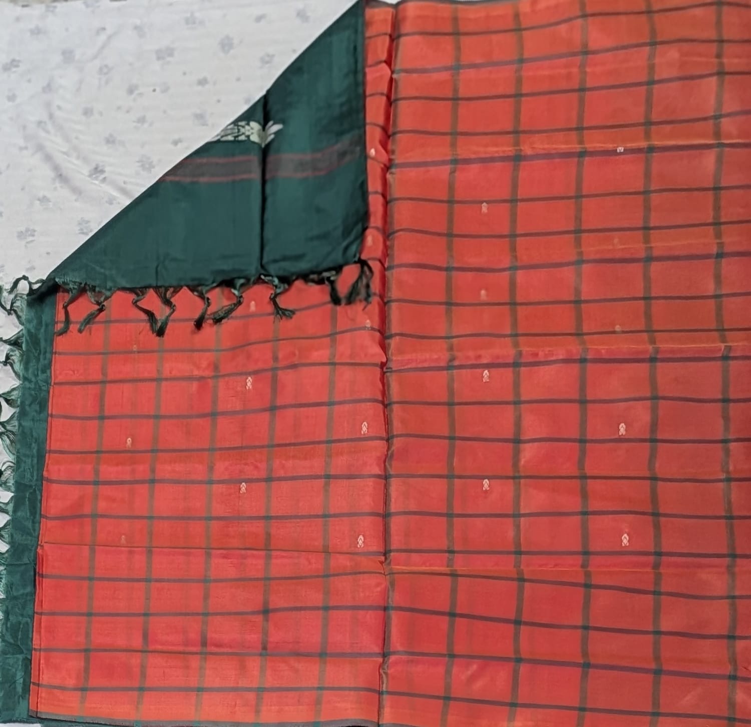 Pure Banana Pith Borderless Checks Saree -Orange with Green (With Blouse)