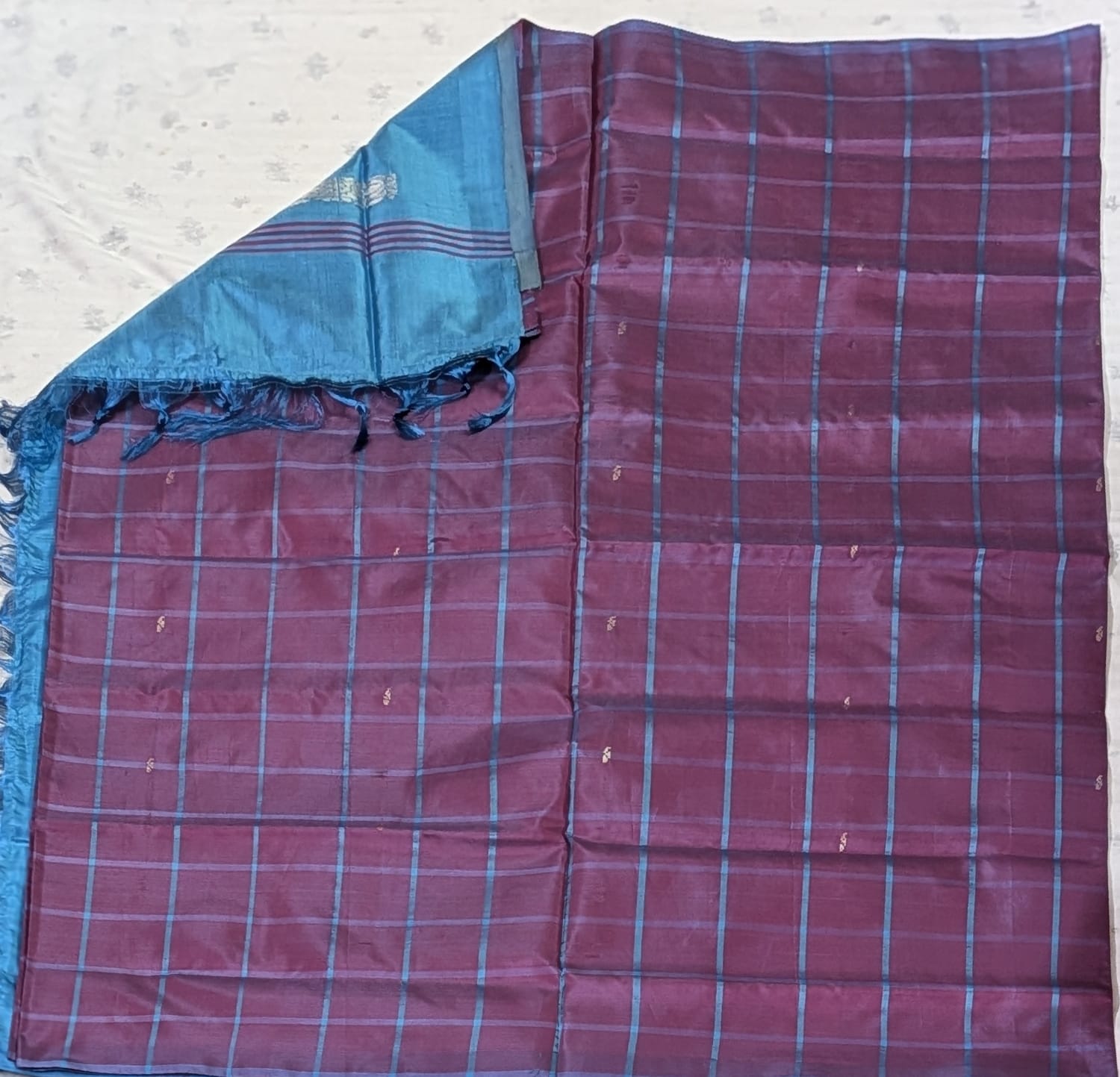 Pure Banana Pith Borderless Checks Saree - Purple with Royal Blue (With Blouse)