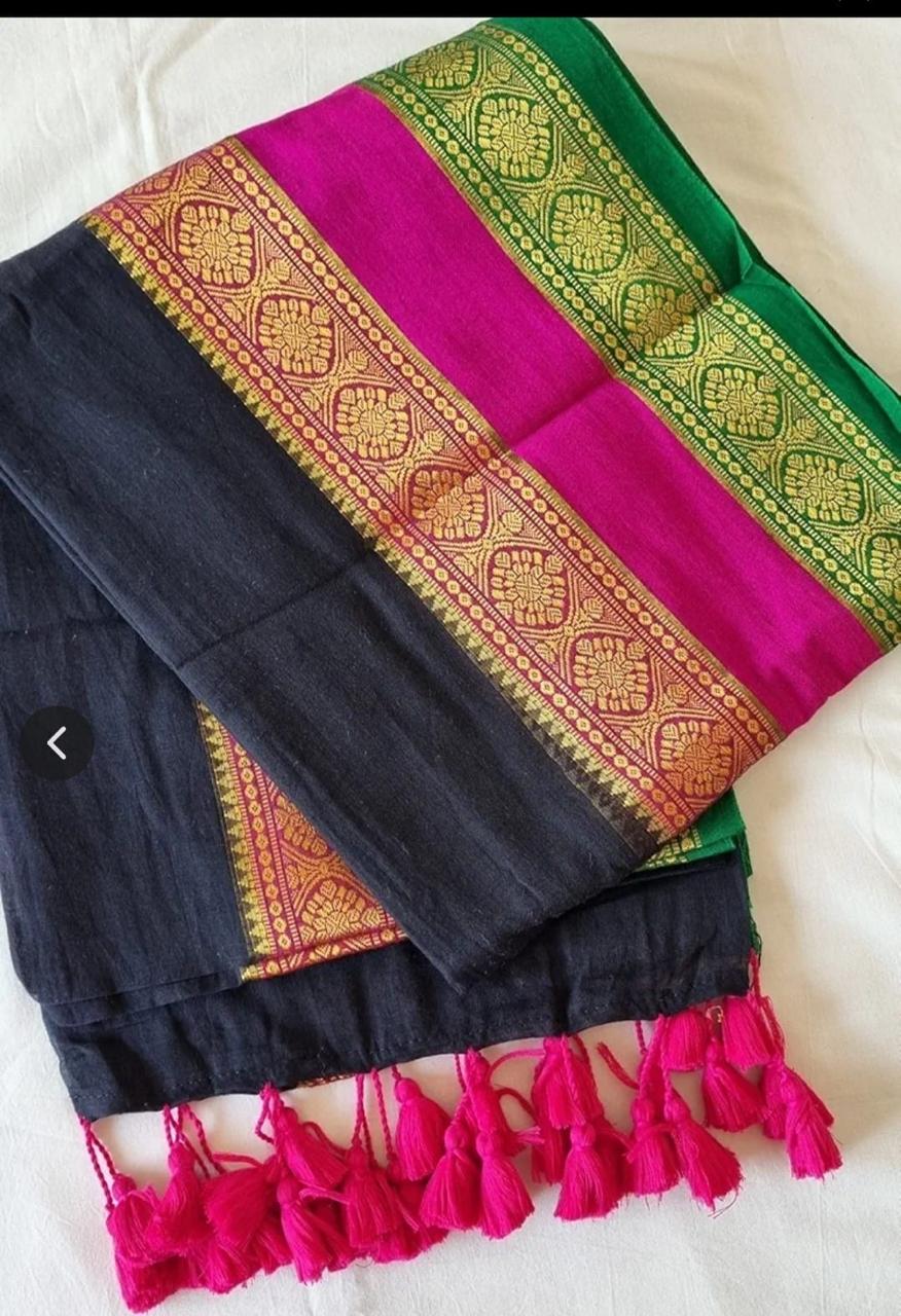 KANCHI BORDER MULLCOTTON - Black with Rani Pink