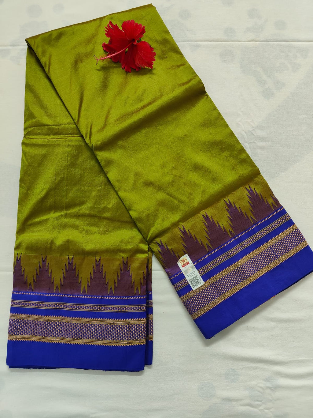Pure Ilkal Silk Saree - Green With Royal blue