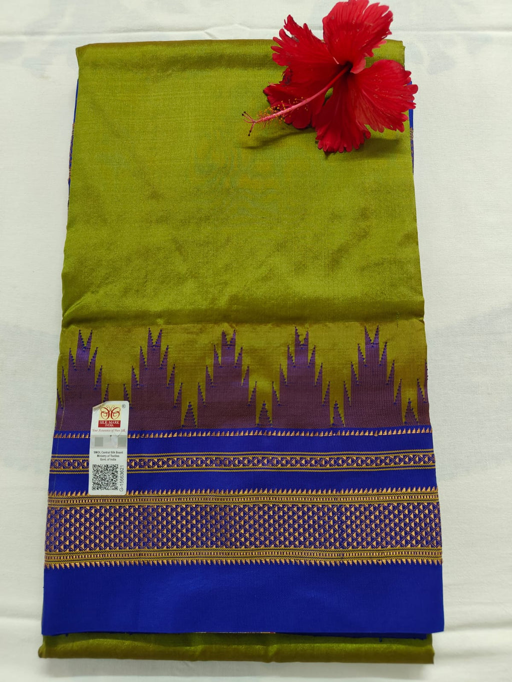 Pure Ilkal Silk Saree - Green With Royal blue