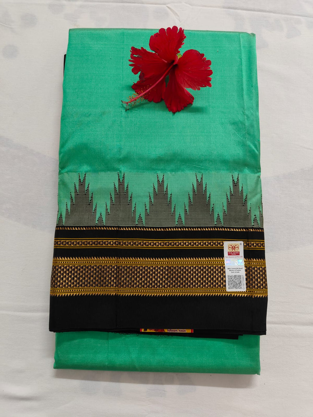 Pure Ilkal Silk Saree - Green With Blackl blue