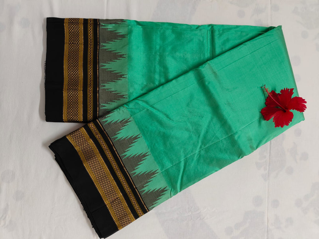 Pure Ilkal Silk Saree - Green With Blackl blue
