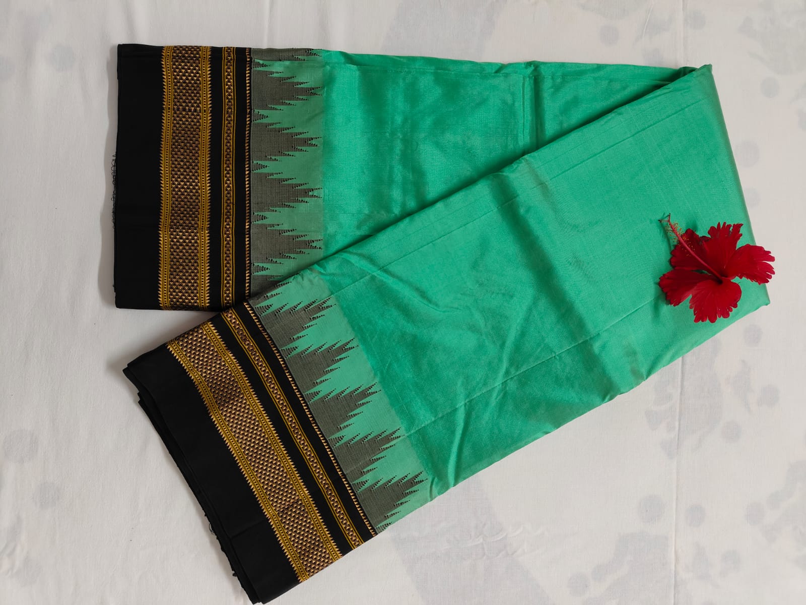 Pure Ilkal Silk Saree - Green With Blackl blue