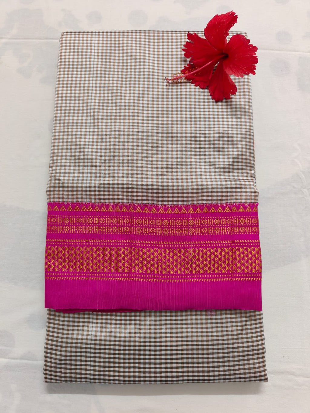 Pure Ilkal Silk Saree - White and black check with Pink Boarder