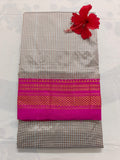Pure Ilkal Silk Saree - White and black check with Pink Boarder