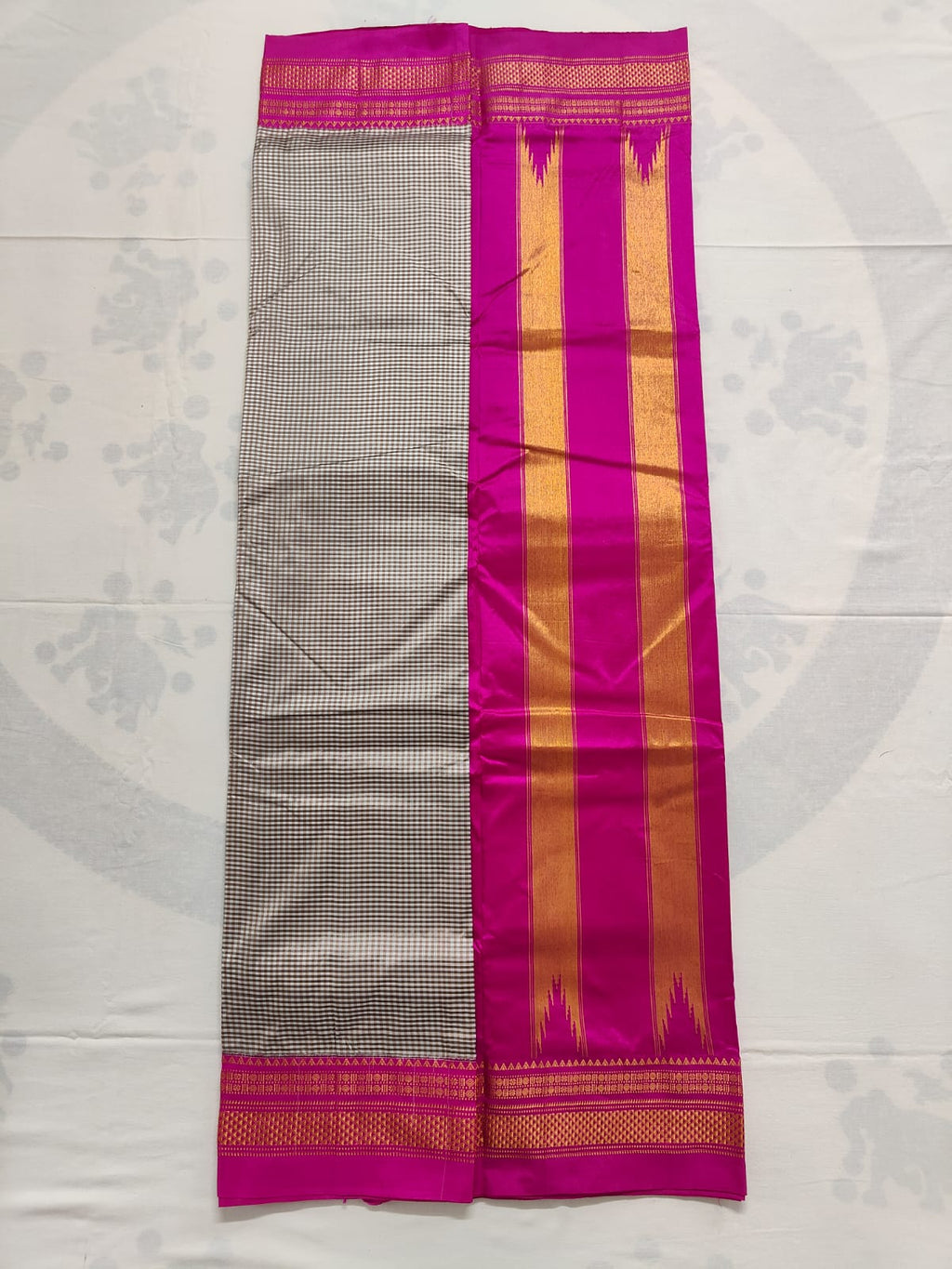 Pure Ilkal Silk Saree - White and black check with Pink Boarder