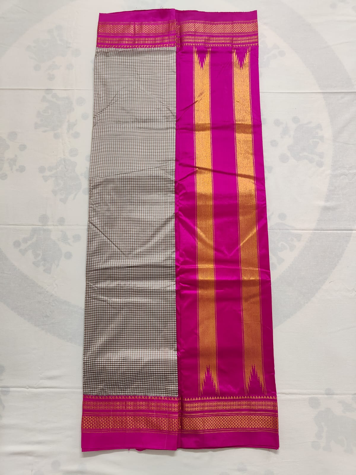 Pure Ilkal Silk Saree - White and black check with Pink Boarder