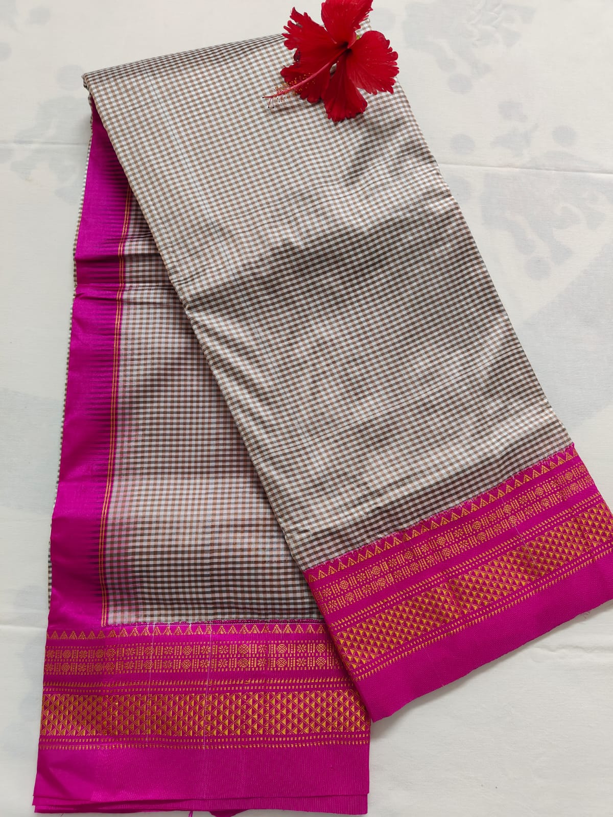 Pure Ilkal Silk Saree - White and black check with Pink Boarder