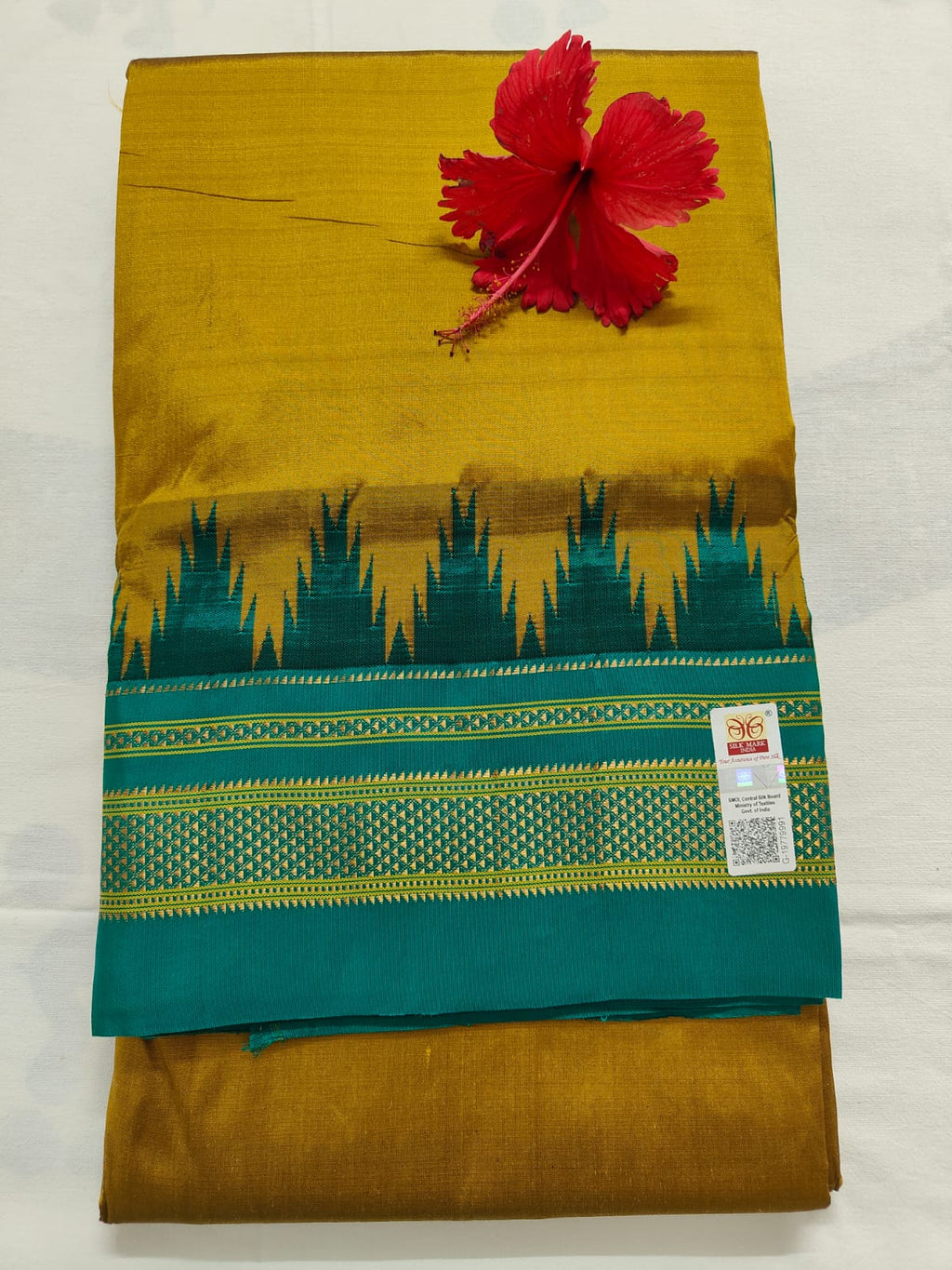 Pure Ilkal Silk Saree - Gold with Teal green