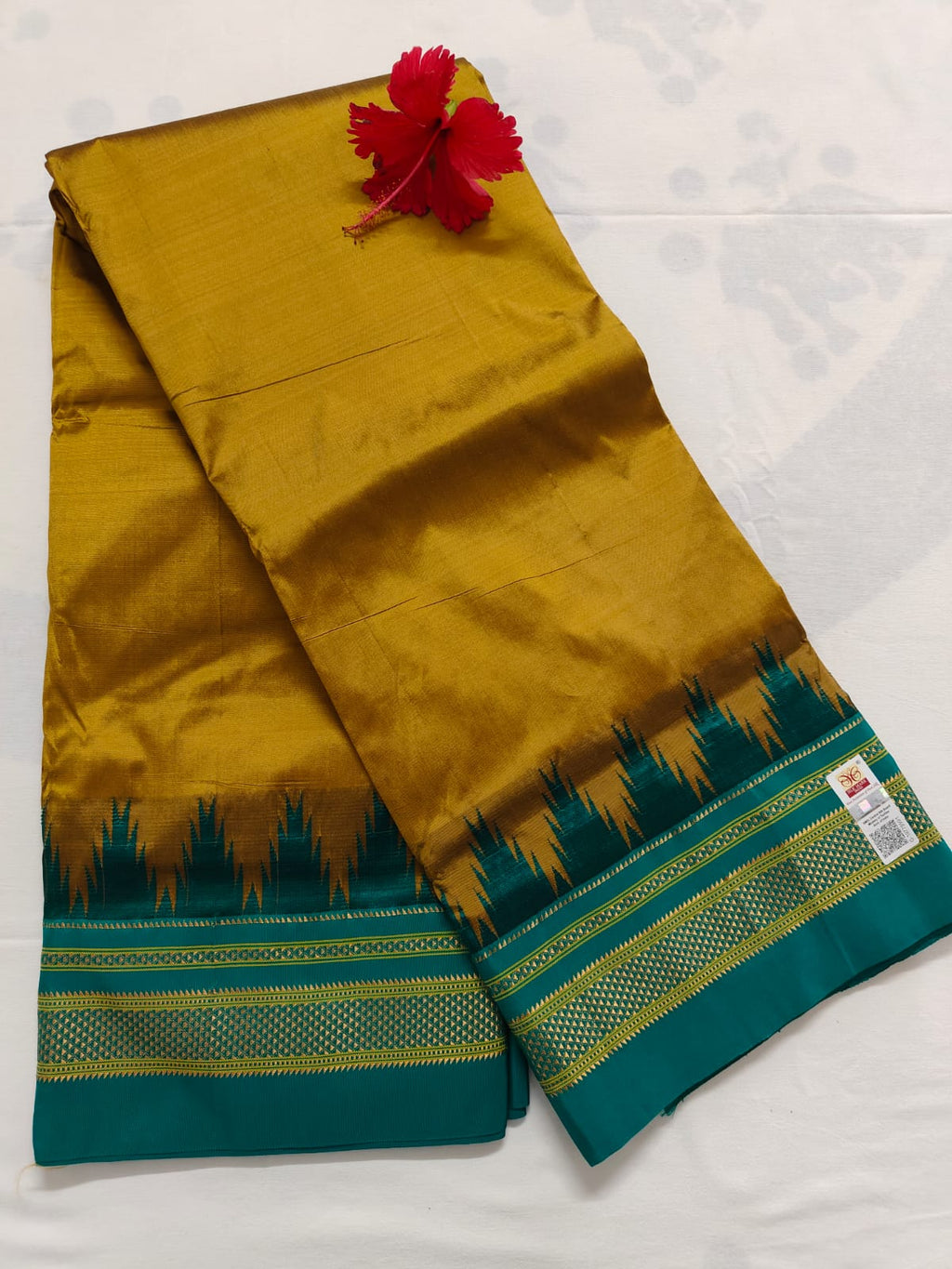 Pure Ilkal Silk Saree - Gold with Teal green