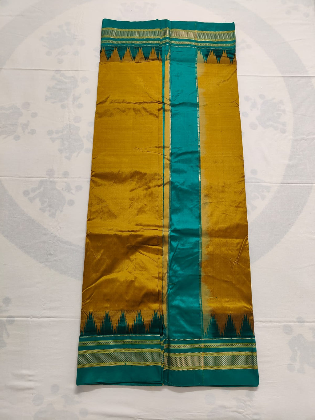 Pure Ilkal Silk Saree - Gold with Teal green