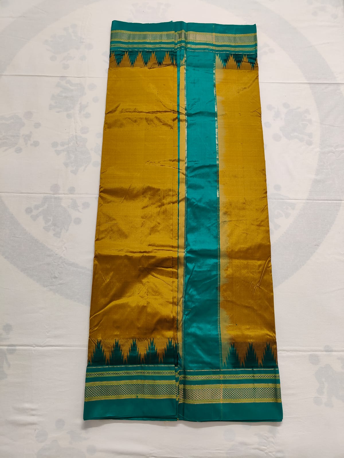 Pure Ilkal Silk Saree - Gold with Teal green